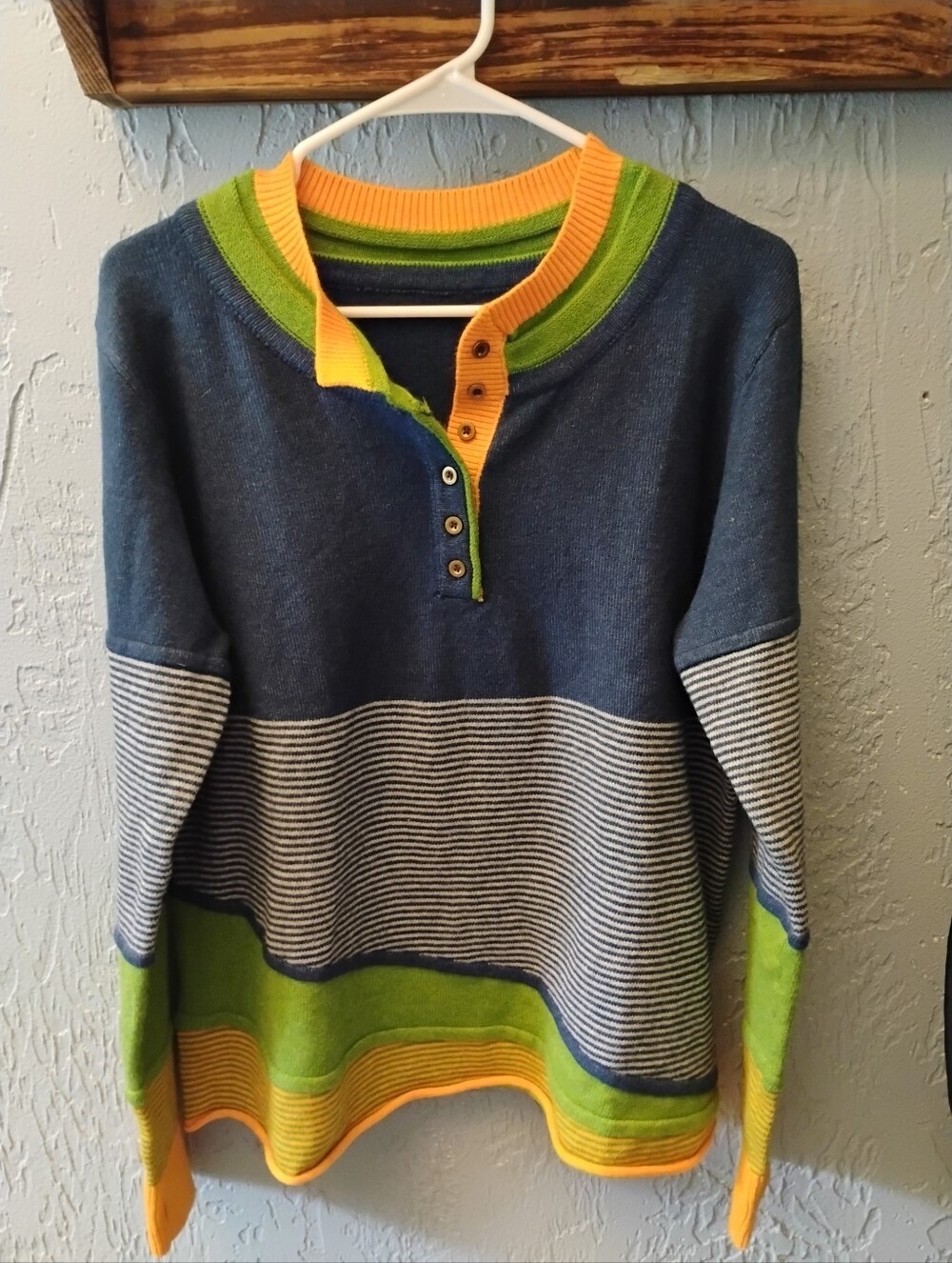Colorblock Sweater XXL Navy Green Orange Soft Knit Pullover/XXL